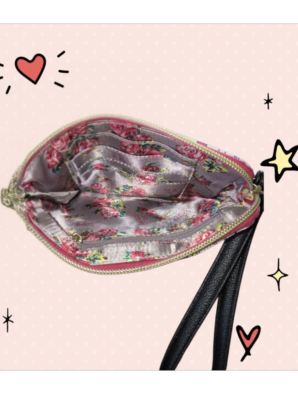 Betsey Johnson White School Tools Print Wristlet with Pink Trim